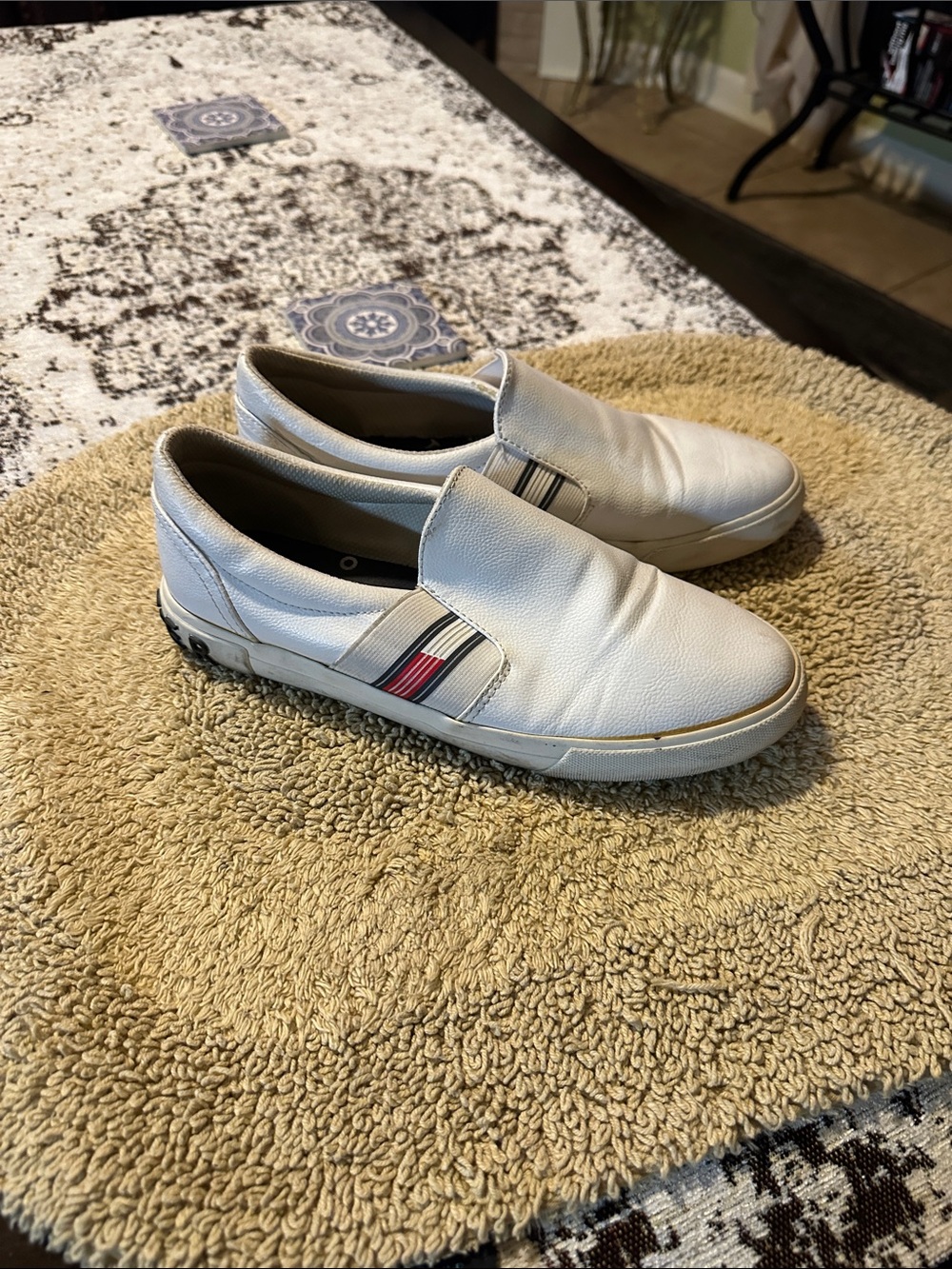 Slip-On Leather Sneakers in White with Stripe Accent